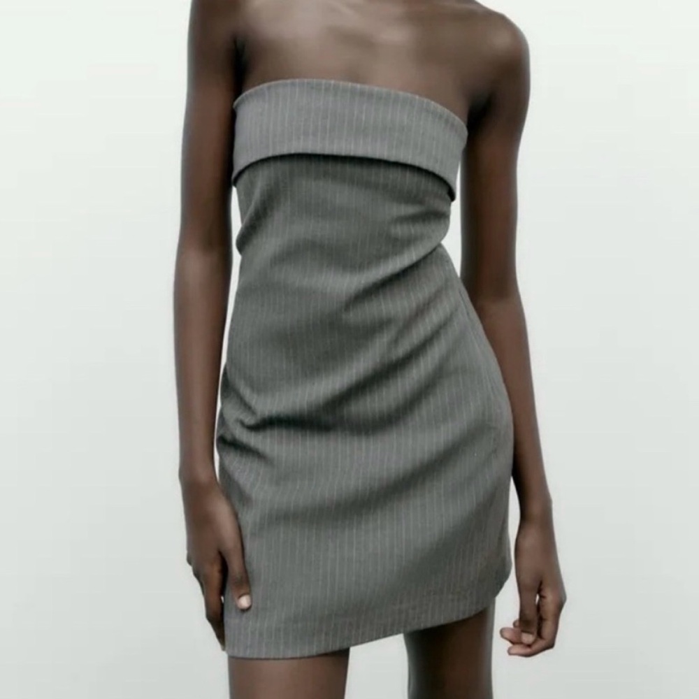 Zara Strapless Charcoal Pinstripe Dress